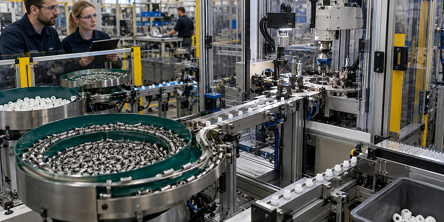 A close contextual view of a pneumatic escapement releasing one component from a populated track into an automated pick station.